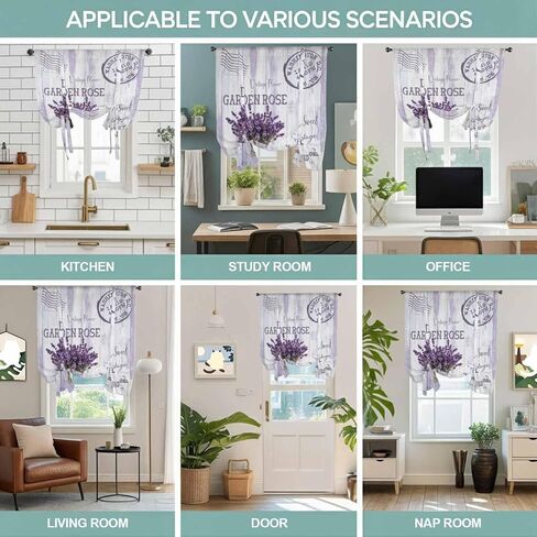 Purple Lavender Tie Up Curtains for Window, Vintage Farmhouse Rustic Floral Wooden Grain Thermal Balloon Shade Adjustable Rod Pocket Curtains Valance Panels for Kitchen Bathroom Café 52'' x 45'' in Saudi Arabia