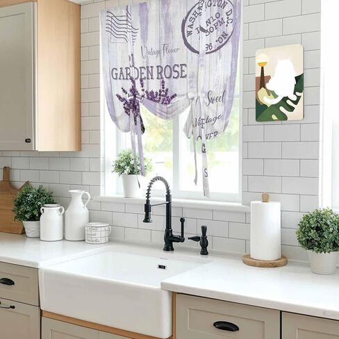 Purple Lavender Tie Up Curtains for Window, Vintage Farmhouse Rustic Floral Wooden Grain Thermal Balloon Shade Adjustable Rod Pocket Curtains Valance Panels for Kitchen Bathroom Café 52'' x 45'' in Saudi Arabia