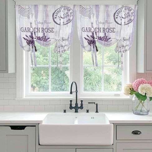 Purple Lavender Tie Up Curtains for Window, Vintage Farmhouse Rustic Floral Wooden Grain Thermal Balloon Shade Adjustable Rod Pocket Curtains Valance Panels for Kitchen Bathroom Café 52'' x 45'' in Saudi Arabia