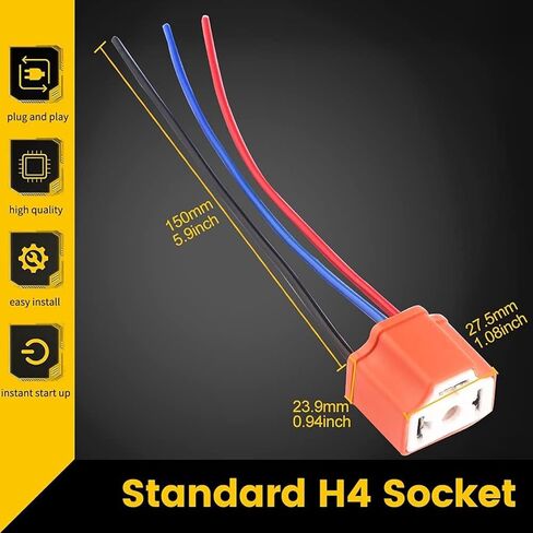 TOPKU H4 9003 HB2 Female High Temperature Ceramic Adapter Wiring Harness Sockets Wire for Headlights or Fog Lights in Kuwait