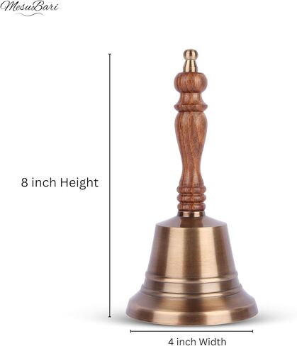 جرس خدمة محمول ممتاز - جرس اتصال نحاسي صلب كبير بمقبض خشبي، حلقة عالية، 8 × 4 بوصة مثالي للكنيسة، والمطاعم، والفندق، والكريسماس، وأعياد الميلاد، ومكتب الاستقبال، واستخدام المكتب in Kuwait