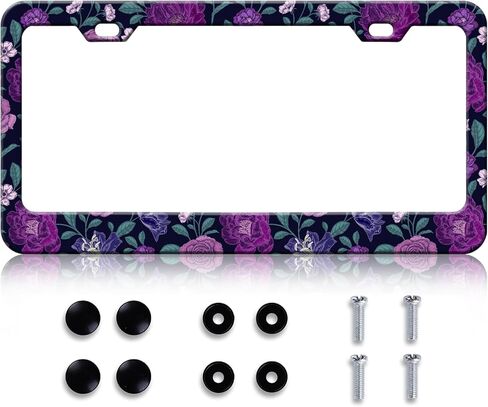 HCSS Purple Floral Flowers License Plate Frame Roses Peonies Colorful License Plate Holder Aluminum Metal Auto Parts Rust-Proof Waterproof Car Decorative Tag Frame for Standard US 12x6 Inch in Saudi Arabia