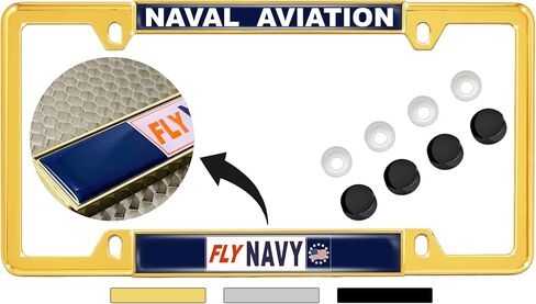[U.S. Navy Officially Licensed Product] - Fly Navy Naval Aviation - Domed Custom-Made Personalized Narrow (Thin) Top 4 Hole Metal Car License Plate Frame with Free caps - Black (Quantity: 1 Frame) in Saudi Arabia