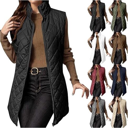 Puffer Vests for Women Trendy Sleeveless Quilted Jacket Zip Up Vest Lightweight Warm Padded Vest Coat Long Outerwear in Kuwait
