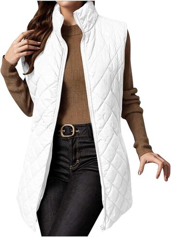 Puffer Vests for Women Trendy Sleeveless Quilted Jacket Zip Up Vest Lightweight Warm Padded Vest Coat Long Outerwear in Saudi Arabia