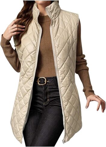 Puffer Vests for Women Trendy Sleeveless Quilted Jacket Zip Up Vest Lightweight Warm Padded Vest Coat Long Outerwear in Saudi Arabia