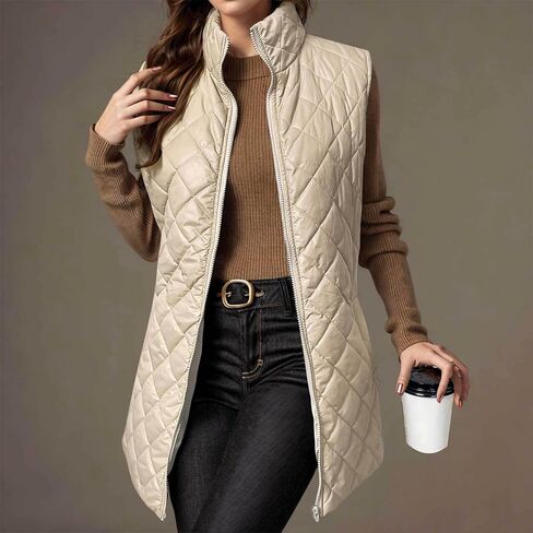 Puffer Vests for Women Trendy Sleeveless Quilted Jacket Zip Up Vest Lightweight Warm Padded Vest Coat Long Outerwear in Saudi Arabia