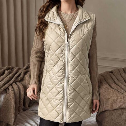 Puffer Vests for Women Trendy Sleeveless Quilted Jacket Zip Up Vest Lightweight Warm Padded Vest Coat Long Outerwear in Saudi Arabia