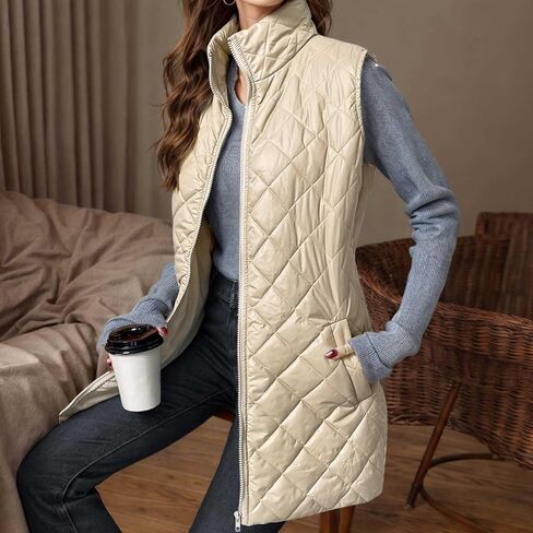 Puffer Vests for Women Trendy Sleeveless Quilted Jacket Zip Up Vest Lightweight Warm Padded Vest Coat Long Outerwear in Saudi Arabia