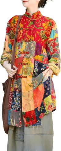 سترة LZJN Boho Patchwork للنساء - معطف فني عتيق خفيف الوزن مصنوع يدويًا فريد من نوعه في ربيع الخريف in Kuwait