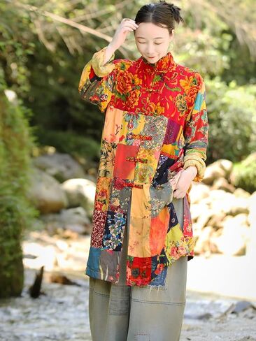 سترة LZJN Boho Patchwork للنساء - معطف فني عتيق خفيف الوزن مصنوع يدويًا فريد من نوعه في ربيع الخريف in Kuwait