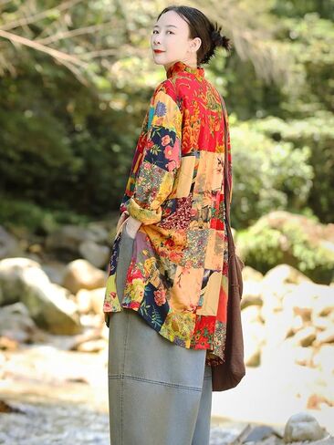سترة LZJN Boho Patchwork للنساء - معطف فني عتيق خفيف الوزن مصنوع يدويًا فريد من نوعه في ربيع الخريف in Kuwait
