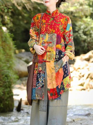 سترة LZJN Boho Patchwork للنساء - معطف فني عتيق خفيف الوزن مصنوع يدويًا فريد من نوعه في ربيع الخريف in Kuwait