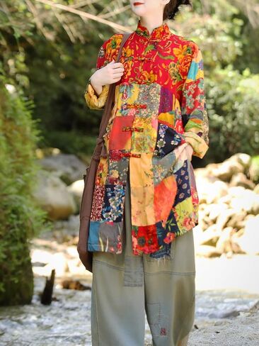 سترة LZJN Boho Patchwork للنساء - معطف فني عتيق خفيف الوزن مصنوع يدويًا فريد من نوعه في ربيع الخريف in Kuwait