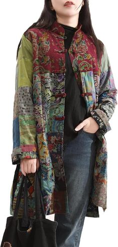 سترة LZJN Boho Patchwork للنساء - معطف فني عتيق خفيف الوزن مصنوع يدويًا فريد من نوعه في ربيع الخريف in Kuwait