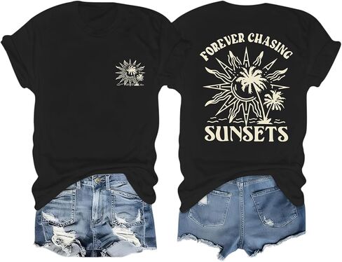 BINTEHGS شاطئ الجرافيك تيز للنساء إلى الأبد مطاردة غروب الشمس التي شيرت شاطئ شجرة النخيل تي شيرت الصيف هاواي عطلة القمصان in Kuwait