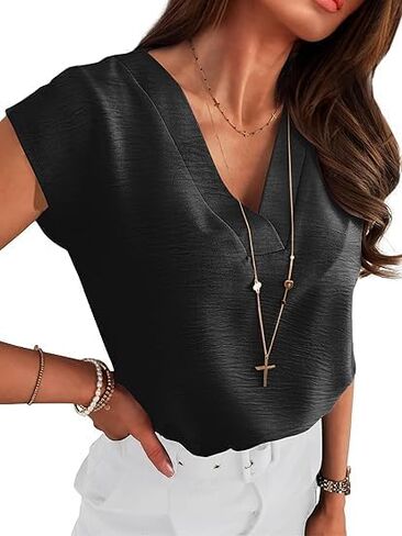 Women Tops Cap Sleeve Textured Dressy Casual V Neck Shirts Summer Business Work Blouses Outfits in Saudi Arabia