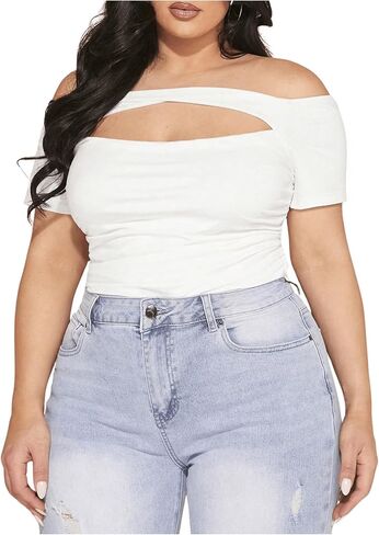 MakeMeChic Women's Plus Size Off Shoulder Tee Cut Out Ruched T-Shirt Short Sleeve Slim Fitted Tee Shirt Tops in Saudi Arabia
