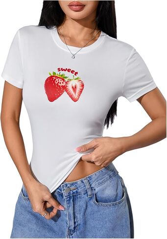 تي شيرت SweatyRocks نسائي لطيف برسومات الفراولة ومتماسك بقصة ضيقة in Kuwait