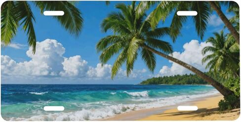 Beach Waves Coconut Trees Front License Plate Car Decorative License Plates Aluminum Metal Decor Accessory Novelty Vanity Tag Cover with 4 Holes for Men Women 6" X 12" in Kuwait