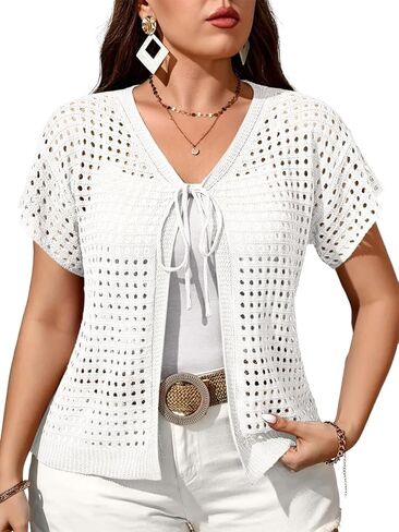 Women's Crochet Shrug Short Sleeve Tie Front Cardigan Open Knit Lightweight Bolero Sweater Summer Cover Up in Kuwait
