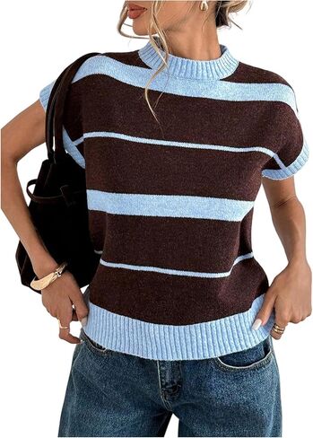 GORGLITTER Women's Cap Sleeve Sweater Vest Tops Striped Color Block Crew Neck Cute Summer Spring Vacation Outfits in Saudi Arabia