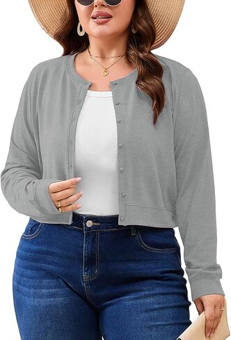AusLook Plus Size Cropped Cardigan for Women Lightweight Button Front Knit Crew Neck Short Cardigan Casual for Dresses 1X-5X in Kuwait