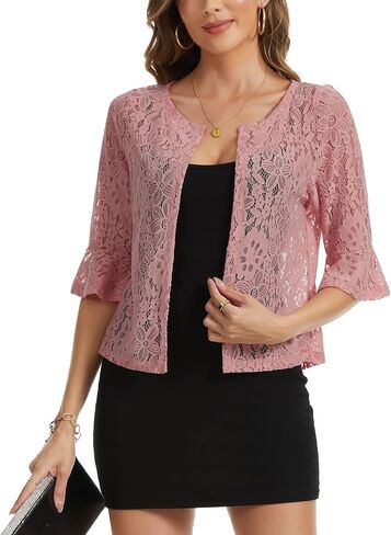 Women's Elegant Floral Lace Bolero Shrug Ruffle 3/4 Sleeve Open Front Cropped Cardigan Shrugs Tops in Kuwait