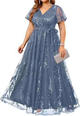 Pinup Fashion Plus Size Formal Dresses - Wedding Guest Evening Gowns Sequin Embroidery V-Neck Maxi Dress in Saudi Arabia