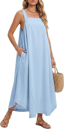فساتين ماكسي للشاطئ صيفية للنساء برقبة مربعة بدون أكمام فستان صيفي طويل فضفاض بوهو مع جيوب 2026 in Kuwait