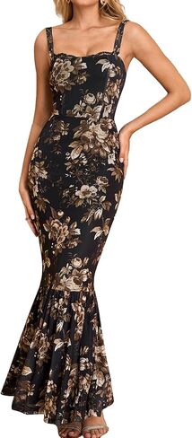 HTZMO Women Floral Wedding Guest Bodycon Maxi Dress Lace Square Neck Formal Party Elegant Long Dresses in Kuwait