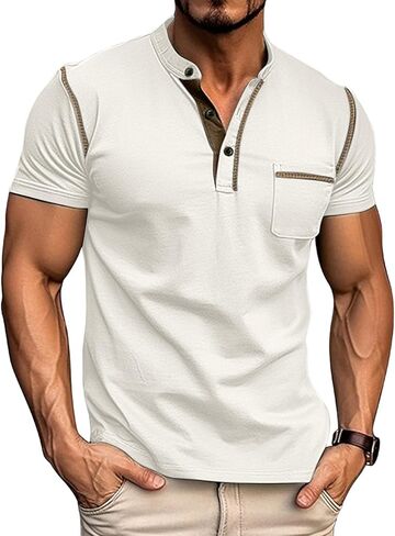 Lexiart Mens Casual Short Sleeve Henley Shirts Button Tee Shirts Basic Classic Shirt with Pocket in Kuwait