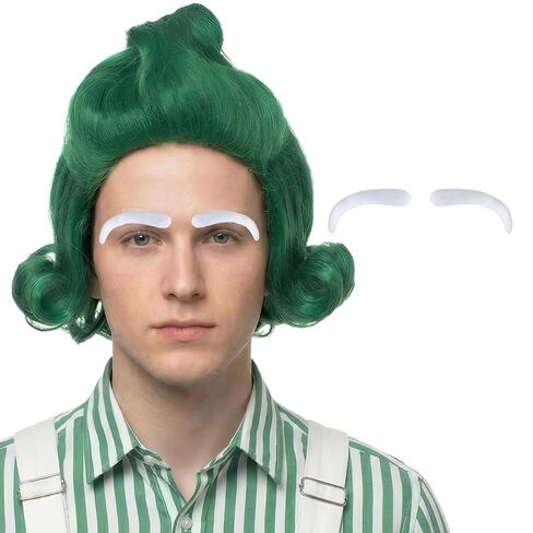 Kids Short Wavy Green Wig with White Eyebrows for Child Halloween Party in Kuwait