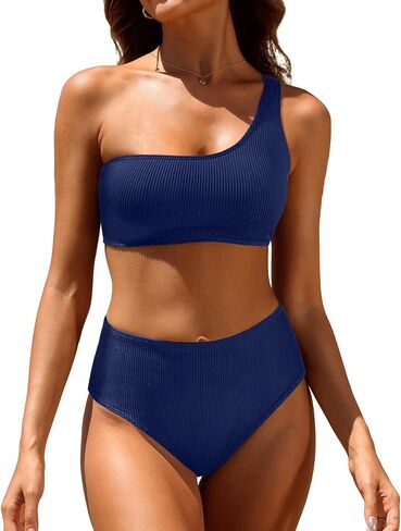 Tempt Me Women Two Piece Swimsuits Ribbed One Shoulder Bikini Sets Mid Waist Bathing Suit in Kuwait