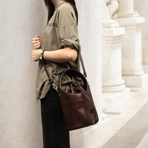 Women's Drawstring Bucket Bag Crossbody Purse Faux Leather Hobo Handbag with Adjustable Strap for Everyday Essentials in Saudi Arabia