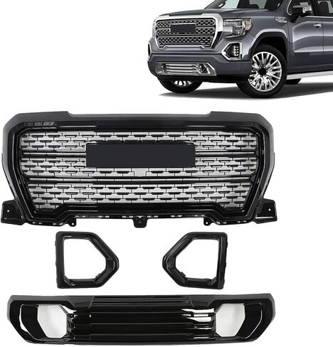 JX RACING Grille Set 4pcs Compatible with GMC Sierra 1500 Denali AT4 2019-2022 Front Upper Grill + Front Lower Bumper Filler Grille Trim Plate + Fog Light Bezels Cover 84508282 84508286 84176747 in Kuwait