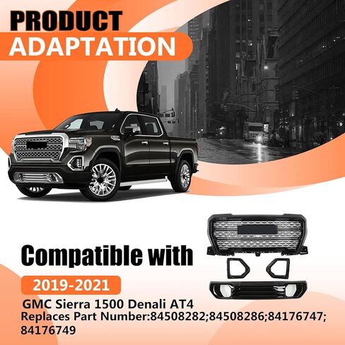 JX RACING Grille Set 4pcs Compatible with GMC Sierra 1500 Denali AT4 2019-2022 Front Upper Grill + Front Lower Bumper Filler Grille Trim Plate + Fog Light Bezels Cover 84508282 84508286 84176747 in Kuwait