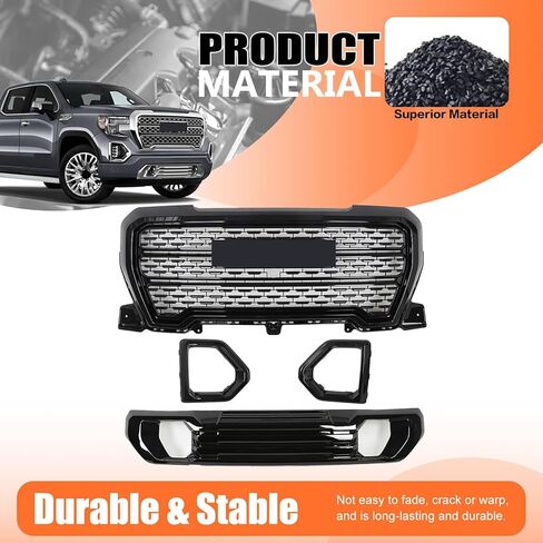JX RACING Grille Set 4pcs Compatible with GMC Sierra 1500 Denali AT4 2019-2022 Front Upper Grill + Front Lower Bumper Filler Grille Trim Plate + Fog Light Bezels Cover 84508282 84508286 84176747 in Kuwait