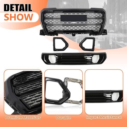 JX RACING Grille Set 4pcs Compatible with GMC Sierra 1500 Denali AT4 2019-2022 Front Upper Grill + Front Lower Bumper Filler Grille Trim Plate + Fog Light Bezels Cover 84508282 84508286 84176747 in Kuwait