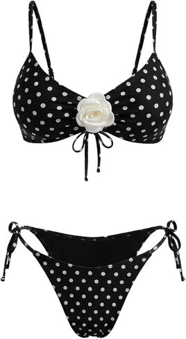 SOLY HUX Women's Polka Dots Bikini Set 3D Flower Tie Side Thong Bathing Suit Beach Two Piece Swimsuit in Saudi Arabia