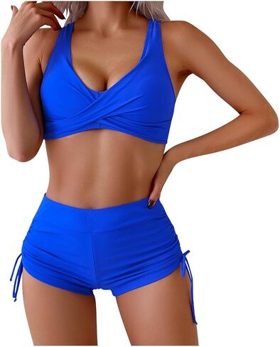Womens Bikini Sets with Boyshorts Two Piece Bathing Suits Front Cross Bikini Top & High Waisted Shorts Swimsuit in Saudi Arabia