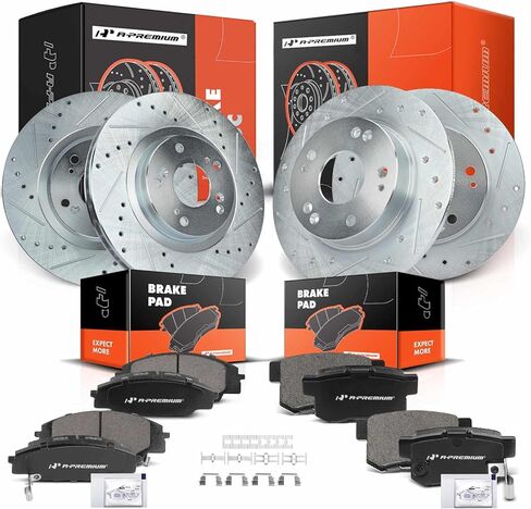 A-Premium 12-PC Set Front and Rear Drilled and Slotted Disc Brake Rotors + Ceramic Pads Kit Compatible with Select Honda & Acura models - 2006-2011 Civic, 2007-2010 CSX in Saudi Arabia