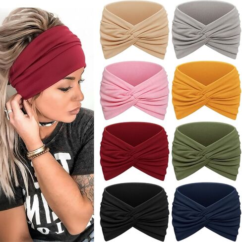 Wide Headbands for Women, 7.08 Inch Thick Boho Turban Style Hair Wraps, Non-Slip Moisture-Wicking Workout Headband for Sports, Yoga, Daily Fashion, 8 Pack Multi Colors (rose pink) in Kuwait