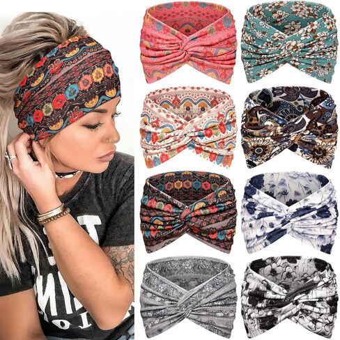 Wide Headbands for Women, 7.08 Inch Thick Boho Turban Style Hair Wraps, Non-Slip Moisture-Wicking Workout Headband for Sports, Yoga, Daily Fashion, 8 Pack Multi Colors (rose pink) in Saudi Arabia