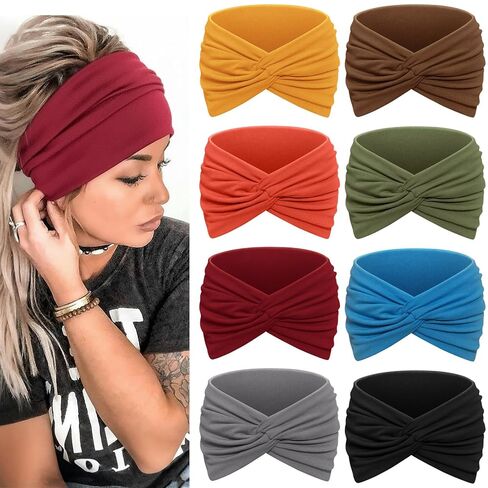 Wide Headbands for Women, 7.08 Inch Thick Boho Turban Style Hair Wraps, Non-Slip Moisture-Wicking Workout Headband for Sports, Yoga, Daily Fashion, 8 Pack Multi Colors (rose pink) in Saudi Arabia