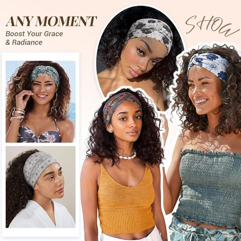 Wide Headbands for Women, 7.08 Inch Thick Boho Turban Style Hair Wraps, Non-Slip Moisture-Wicking Workout Headband for Sports, Yoga, Daily Fashion, 8 Pack Multi Colors (rose pink) in Saudi Arabia