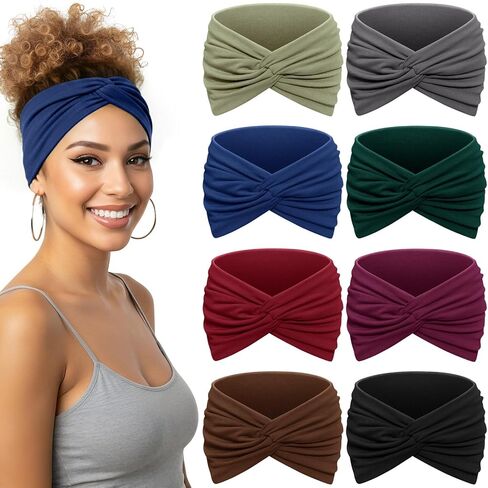 Wide Headbands for Women, 7.08 Inch Thick Boho Turban Style Hair Wraps, Non-Slip Moisture-Wicking Workout Headband for Sports, Yoga, Daily Fashion, 8 Pack Multi Colors (rose pink) in Saudi Arabia