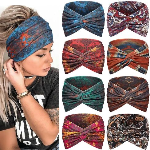 Wide Headbands for Women, 7.08 Inch Thick Boho Turban Style Hair Wraps, Non-Slip Moisture-Wicking Workout Headband for Sports, Yoga, Daily Fashion, 8 Pack Multi Colors (rose pink) in Saudi Arabia