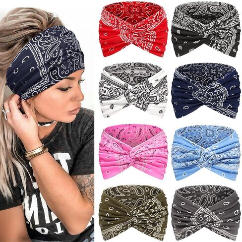 Wide Headbands for Women, 7.08 Inch Thick Boho Turban Style Hair Wraps, Non-Slip Moisture-Wicking Workout Headband for Sports, Yoga, Daily Fashion, 8 Pack Multi Colors (rose pink) in Saudi Arabia