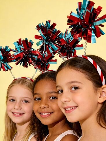 Red Blue Pom Pom Headband Tinsel Strips Headband Party Costume Hair Accessories Birthday in Saudi Arabia